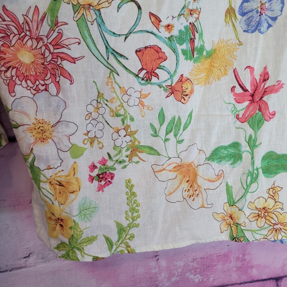 LAURA ASHELY LINEN BLEND BUTTON FRONT FLORAL PRINTED PUFF SLEEVE BOHO BLOUSE L - Picture 9 of 12